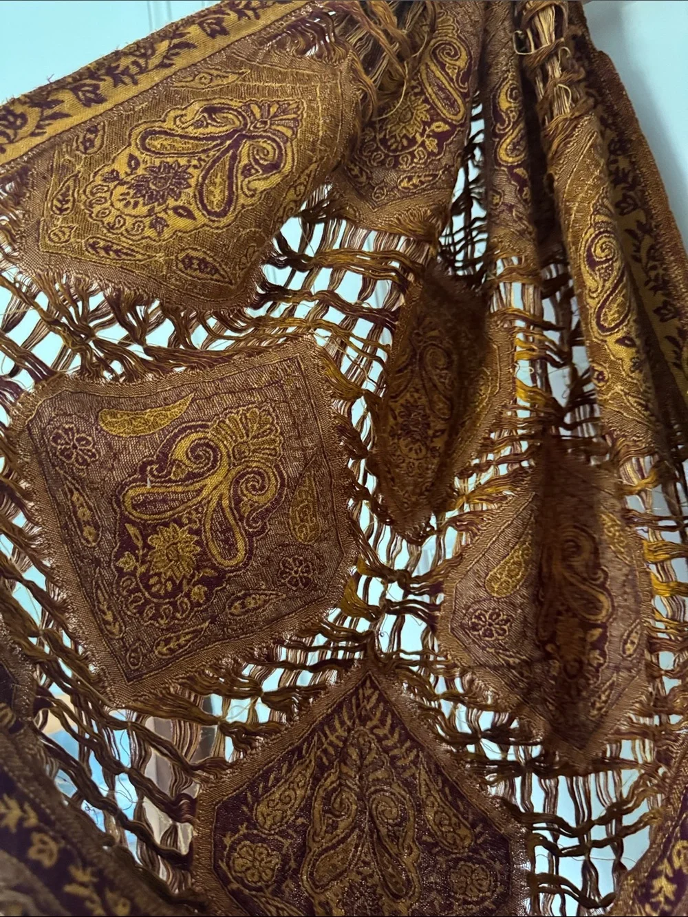 Boho Fringe Paisley Wrap Scarf in Rust and Mustard